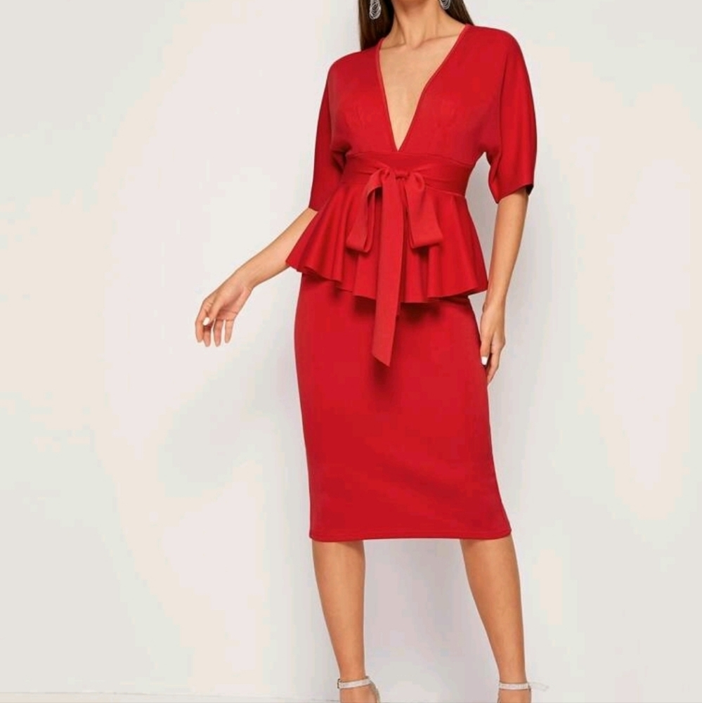 Red Plunge Neck self belted Peplum split pencil dress
